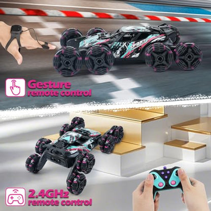MagicKidz 8 Wheels Gesture Sensing Car for Kids Ages 5 6 7 8 9 10 11 12 - Birthday Gifts for Boys 5-7 8-12 Years Old, 2.4GHz Off-Road Remote Control Stunt Toy with Spray & LED Lights, 360-Degree Flips - color: 8 Wheels Gesture Sensing Car