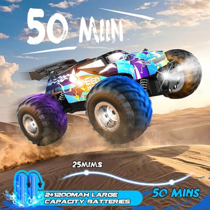 Rcjoyou Remote Control Car, 2WD Off-Road Rc Truck, 20 KM/H All-Terrain RC Cars with Headlights & Body Lights, 2.4GHz, 2 Batteries, Remote Control Car for Boys 4-7 8-12, Gift Toys for Boys Girls