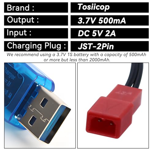 3.7V Lipo Battery Charger - 2 PCS 1S Lipo JST Charger Cable with USB JST 2 Pin Plug for RC Car Battery Remote Control Toys Airplane FPV Boat Tank Helicopter