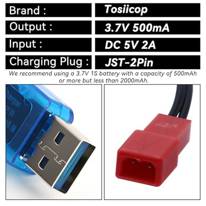 3.7V Lipo Battery Charger - 2 PCS 1S Lipo JST Charger Cable with USB JST 2 Pin Plug for RC Car Battery Remote Control Toys Airplane FPV Boat Tank Helicopter