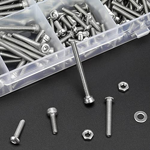HELIFOUNER 920 Pieces 304 Stainless Steel M3 x 4mm /6mm /8mm /10mm /12mm /14mm /16mm /18mm /20mm /25mm / 30mm, Hex Socket Head and Button Head Metric Screws and Nuts Assortment Kit - size: M3 Screws Set