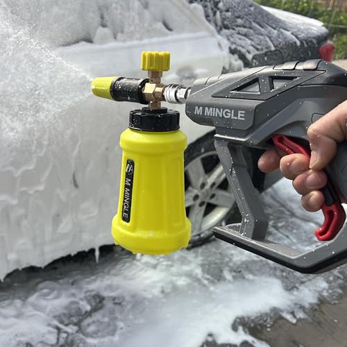 M MINGLE High Pressure Washer Gun Snow Foam Lance, 4000 PSI, 1 Liter | Foam Blaster with 1/4" Quick Connector, Car Wash Foam Cannon Kit with 5 Nozzle Tips & M22 Adapter, Generates Thick Foam - color: yellow
