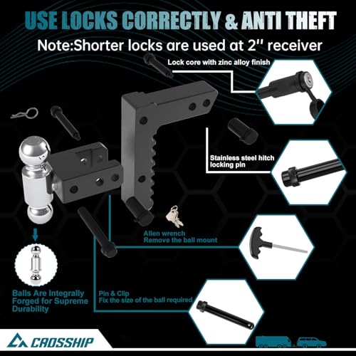Adjustable Drawbar Trailer Hitch - Heavy Duty Aluminum Drop Hitch - Fits 2" Receiver, 8" Drop/Rise, for Truck, SUV, RV(12500 Lbs GTW) - color: Black, size: 2" 8 Drop-Dual Ball