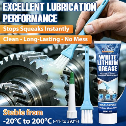 White Lithium Grease with Brush, Multi-Purpose Waterproof Lubricant for Hinges, Bearings, Gears & Garage Door, Long-Lasting Anti-Rust Grease for Automotive, Marine, Industrial & Household Use, 3oz/85g