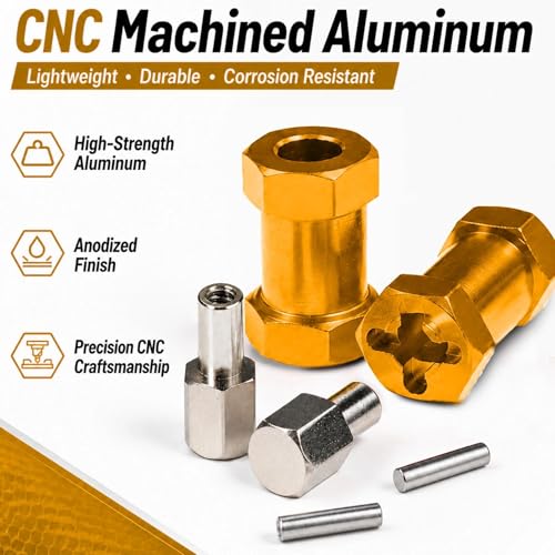 4PCS 12mm Hex Hub 20mm Aluminum Extension Hex for Axial SCX10 D90 90046 | 20mm CNC Wheel Hex Extenders for 1/10 RC Crawlers Redcat Gen7/Gen8 CC01 RC4WD Wider Stance & Tire Clearance with M4 Nuts Pins - color: Gold