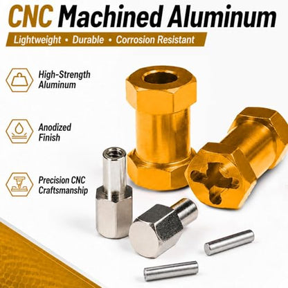 4PCS 12mm Hex Hub 20mm Aluminum Extension Hex for Axial SCX10 D90 90046 | 20mm CNC Wheel Hex Extenders for 1/10 RC Crawlers Redcat Gen7/Gen8 CC01 RC4WD Wider Stance & Tire Clearance with M4 Nuts Pins - color: Gold