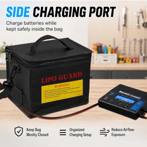 LiPo Safe Bag Fireproof Explosionproof Battery Storage & Charge Safe Pouch | Fire Resistant Large Capacity Battery Guard Bag with Side Charging Port, Double Zipper, Reinforced Handle & Shoulder Strap - color: Black