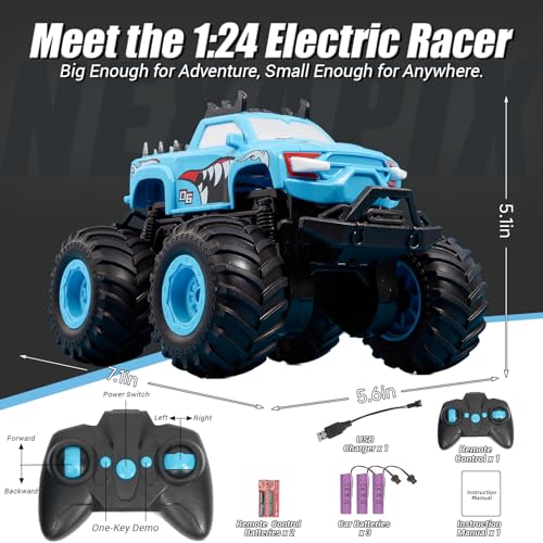 Remote Control Car, 1:24 Scale All Terrain Monster Truck Toys with LED Lights, 2.4 Ghz Off-Road Remote Control Monster Trucks for Boys 4-7, Gift for Kids 8 9 10 11 12