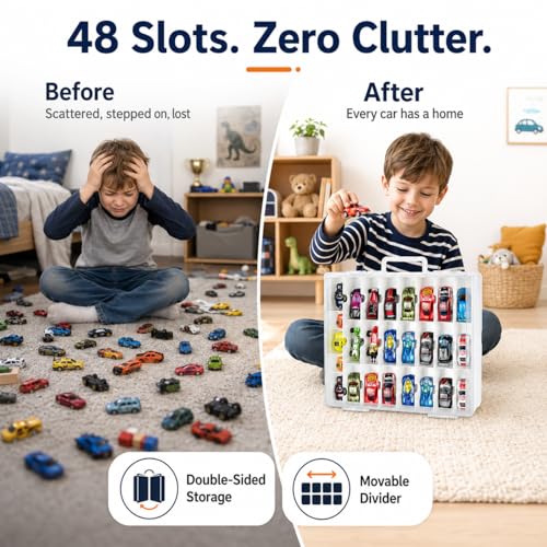 FULLCASE Toys Organizer Storage Compatible with Hot Wheels Car, Container for Matchbox Cars, Mini Toy, Small Dolls, Double Sided Carrying Box for Hotwheels - 48 Compartments (Case Only) White | Double-Sided Access, Adjustable Dividers and Carry Handle for