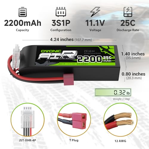 OVONIC 3S Lipo Battery 25C 2200mAh 11.1V Lipo Battery with Dean-Style T Connector for RC Airplane Helicopter Quadcopter RC Car Truck Boat(2 Packs)(with Lipo Voltage Checker)