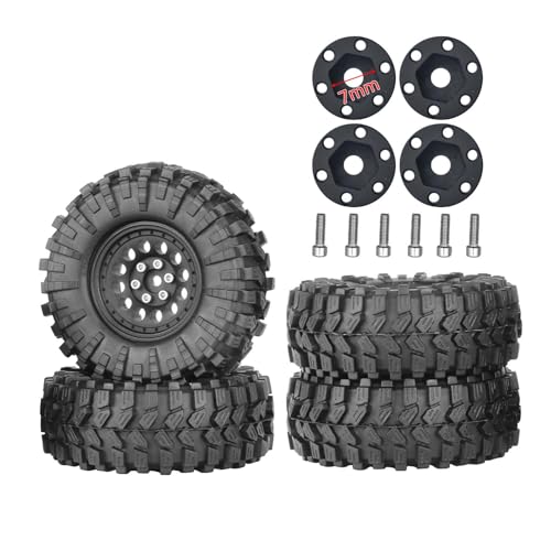 1.3” All-Terrain Tire and Wheel Set, Metal Beadlock 5mm & 7mm Hex Wheels for SCX24 TRX4M 1/12 1/14 1/18 1/24 RC Crawler Car (A, Black) - color: A, Black
