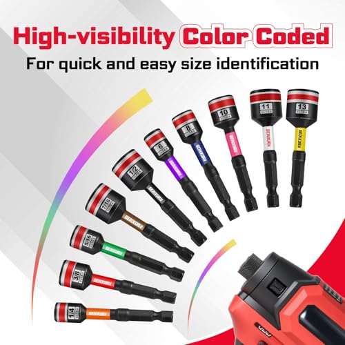 Impact Nut Driver Set, 10 Pieces 2.56”Long 1/4”5/16”3/8”7/16” 1/2”6 Point Alloy Steel Magnetic SAE Nut Setter Set Use For Require Installing 1/4 Hex Shank Impact Driver with Case Box - size: 2.56", style: MIXS-10pcs