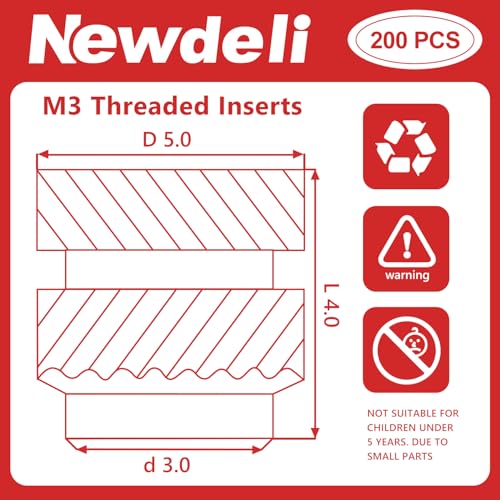Newdeli 200pcs M3 Heat Set Inserts M3x4x5 Threaded Inserts for Plastic and 3D Printing Components Brass Metric Knurled Nuts Kit - size: M3x4x5 (200 pieces)