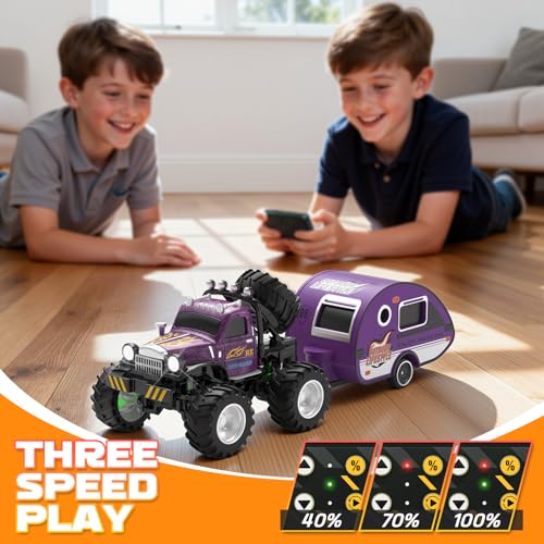 Snugzy Mini RC Car 1:64 Scale RC Truck for Kids with Trailer 2.4Ghz Remote Control Rechargeable RC Cars Toy Gifts for Boys Girls Adult (Purple) - color: Purple