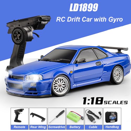 RC Drift Car with Gyro 1/18 Scale LDRC Drift Car Remote Control RWD | Hobby Drifting Vehicle Full Proportional ESP Gyroscope Metal Drive Shaft Alloy Shell Adult LD1899