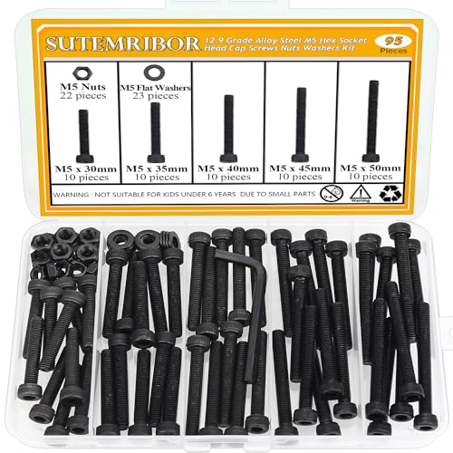 M5 Black Screws, Nuts & Washers Set - 95 Pieces, 12.9 Grade Alloy Steel, Fully Threaded, 30/35/40/45/50mm Hex Socket Head Cap Screws - size: M5 x 30-50mm, style: Socket Head