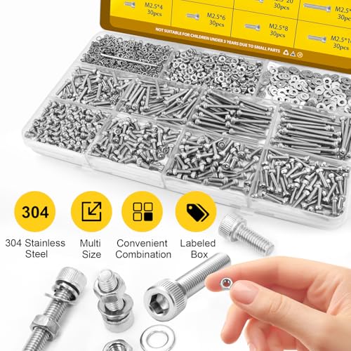 960pcs M2.5 Screws with Nuts Assortment kit, M2.5x4/6/8/10/12/16/20/25 mm 304 Stainless Steel Hex Socket Head Bolts with Flat & Lock Washers Assorted Set - size: SS M2.5 960pcs