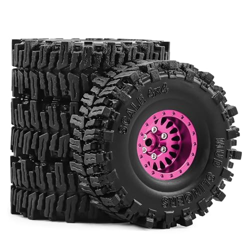 1.0" Aluminium Beadlock Wheels and Tires 64x23mm for 1/24 Axial SCX24, 1/18 TRX4M RC Crawler – Upgrade Parts (Pink, 4pcs) - color: Pink