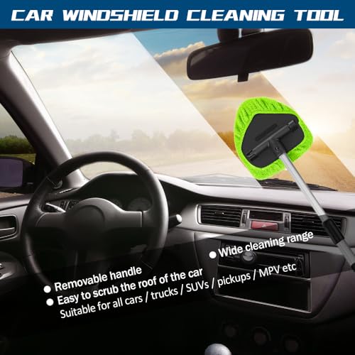 Car Wash Brush with Long Handle, Windshield Cleaning Tool, Car Washing Mop Kit Mitt Sponge Car Cleaning Supplies Kit, Microfiber Towel Gloves Universal for Cars RV SUV Truck Office (Green) - color: Green