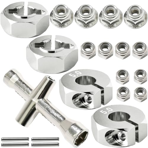 Aluminum 12mm Hex Wheel Hub 4Pcs w/Axle Pin M4 Flange Lock Nut Standard M3 M4 Nut 5mm Thickness Wheel Drive Adapter for 1/10 Traxxas HSP Redcat Rc4wd Tamiya Axial SCX10 WLtoy RC Car(25Pcs) - color: Silver, size: 5.0