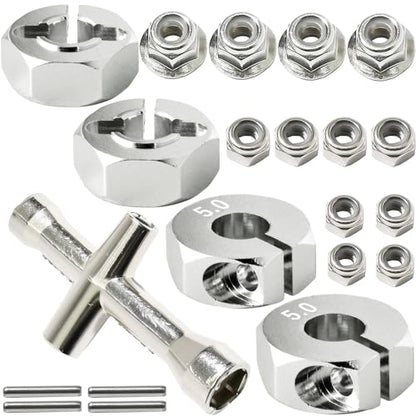 Aluminum 12mm Hex Wheel Hub 4Pcs w/Axle Pin M4 Flange Lock Nut Standard M3 M4 Nut 5mm Thickness Wheel Drive Adapter for 1/10 Traxxas HSP Redcat Rc4wd Tamiya Axial SCX10 WLtoy RC Car(25Pcs) - color: Silver, size: 5.0