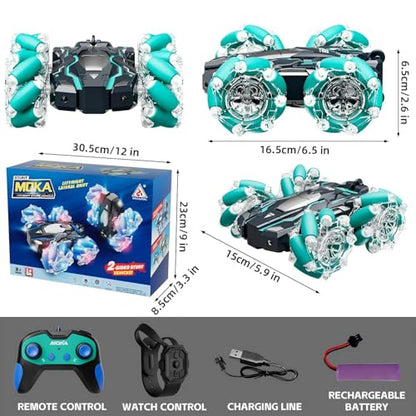 Highspeed 1:16 Scale 15 KM/H Gesture Sensing RC Stunt Car Toddler Toy, 4WD RC Car with LED Lights, 2.4GHz Gesture Control Sensing Sensitive & Strong Battery Toys Suitable for Father's Day/Birthday - color: Rc Stunt Car-green