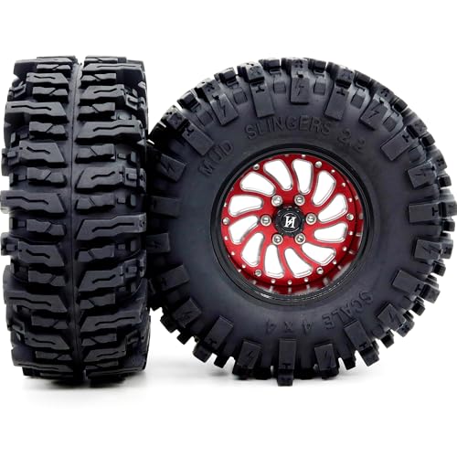 2.2 Beadlock Wheels and Tires 124mm Tall Tyres, Mud Slingers 2.2 Tires and Wheels Adjustable Offset 40mm Wide Rims for 1/10 RC Crawler SCX10 Capra Upgrades,HS701586 - color: Black & Red