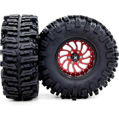 2.2 Beadlock Wheels and Tires 124mm Tall Tyres, Mud Slingers 2.2 Tires and Wheels Adjustable Offset 40mm Wide Rims for 1/10 RC Crawler SCX10 Capra Upgrades,HS701586 - color: Black & Red