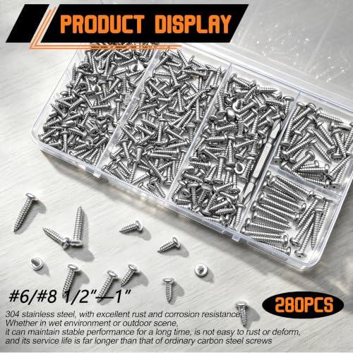 Dianrui 280 PCS 304 Stainless Steel Screws, #6#8 Wood Screws Assortment Kit, Assorted Sheet Metal Screws, ‌Phillips Drive Pan Head Assorted Sheet Metal Screws Marine Grade 1”,3/4”,5/8”,1/2” - size: 280PCS-SV