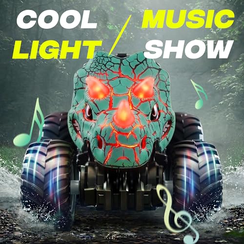 BEZGAR Monster Truck Toys, RC Cars with Mist Spray & Light, Two Batteries | Cyan Dinosaur Toys, 360° Stunt Spins RC Truck with Music, 4WD Remote Control Car for Boys 4-7, 40+ Mins Battery Life - color: Cyan