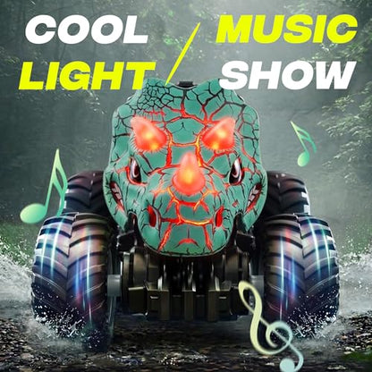 BEZGAR Monster Truck Toys, RC Cars with Mist Spray & Light, Two Batteries | Cyan Dinosaur Toys, 360° Stunt Spins RC Truck with Music, 4WD Remote Control Car for Boys 4-7, 40+ Mins Battery Life - color: Cyan