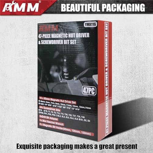 AMM 47PCS Magnetic Nut Driver & Screwdriver Bit Set, Includes Nut Driver Set for Impact Drill, Screwdriver Bit, Mini Ratcheting Wrench, Drill Bit Adapter & Bit Holder | 1/4" Hex Shank | Cr-V Steel - size: 47PC Magnetic Nut Driver & Screwdriver Bit Set