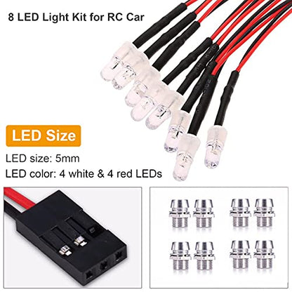 RC Car 8 LED Light Kit, Headlight Taillight for 1/10 1/8 RC Models Scx10 D90 TRX4 RC Car Truck Lighting (Red & White) - color: 8 LED Red White