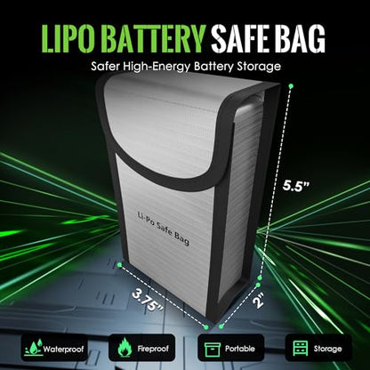Empty LiPo Storage Bag, Fire-Resistant Fiberglass Pouch for Small RC Battery Pack Storage, No Battery or Charger Included, 5.5 x 3.7 x 2 in, 2 Pack