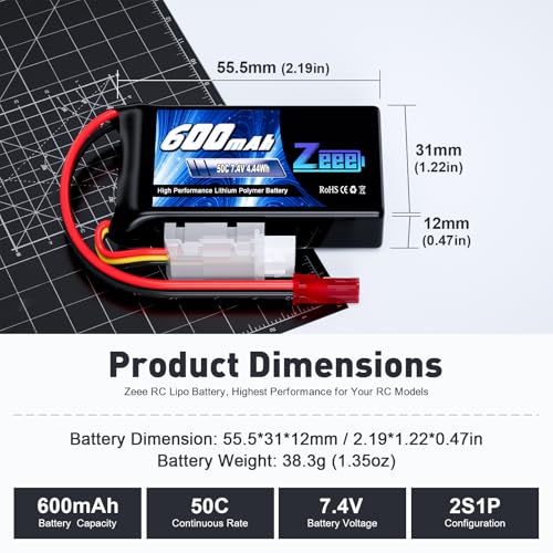 Zeee 2S Lipo Battery 600mAh 7.4V 50C with JST Connector (2 Pack) | for FPV Helicopter Airplane RC Boat Racing Drone Quadcopter RC Car RC Models