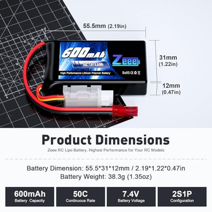 Zeee 2S Lipo Battery 600mAh 7.4V 50C with JST Connector (2 Pack) | for FPV Helicopter Airplane RC Boat Racing Drone Quadcopter RC Car RC Models