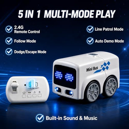 Magic Mini Bus Toy, 2.4GHz RC Line Following Car with Gesture Follow & Escape Modes, Rechargeable Inductive Bus with LED Lights, STEM Toy Gift for Kids Ages 3-8, White - color: White