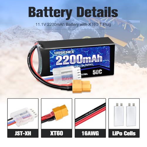 7.4V 2200mAh Lipo Battery 50C High Discharge Rate 2S RC Batteries with XT60 Plug Fit for RC Car Truggy, RC Airplane, FPV Drone, UAV Quadcopter, Helicopter and RC Boats Racing Models