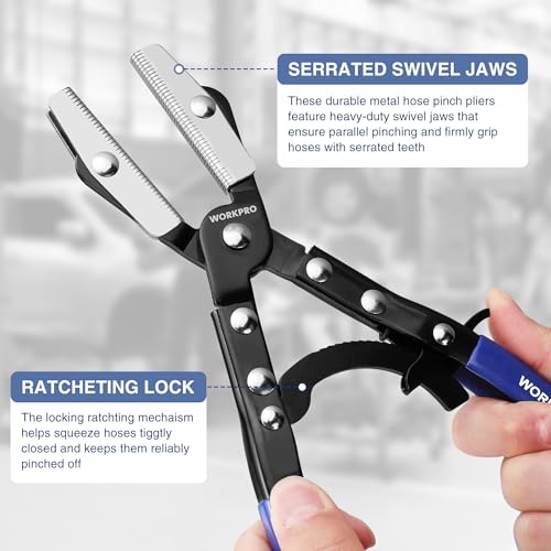 WORKPRO 10" Ratcheting Hose Pinch Off Pliers, Locking Hose Pinch Pliers | for Automotive Hose Lines, Radiator Lines, Fuel Lines, Coolant Lines - color: Blue