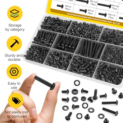 660PCS M4 Screws with Nuts Assortment Kit, M4-0.7 x 6/8/10/12/16/20/30 mm Hex Button Head Cap Bolts, Nuts & Washers Assorted Set - Grade 10.9 Alloy Steel Machine Screw, Black Zinc Plated - size: M4 660pcs