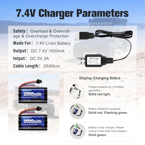 Li-ion Battery 7.4V 2000mAh High Capacity with SM-2P Plug 2S Rechargeable RC Battery Fit for WPL MN99 4WD High Speed RC Cars & Most 1/10, 1/12, 1/16 Scale RC Cars Trucks with 2 USB Chargers
