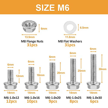 M6-1.0 x 12/16/20/25/30mm Flanged Hex Head Bolts, VIGURE 135PCS M6 Flange Hexagon Screws Serrated Flange Nuts Washers, Stainless Steel 18-8 (304), DIN 6921 - size: M6-1.0