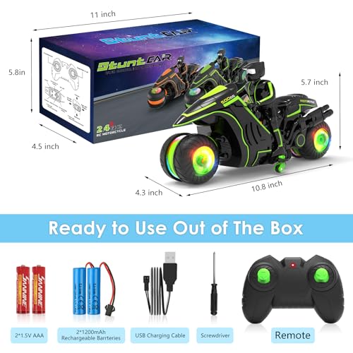 Remote Control Motorcycle, 2026 New Edition with RGB Color-Changing Wheels and Exclusive Sideways Glide, Ready-to-Play with 2 Batteries, 2.4GHz RC Stunt Bike Gift for Kids Boys Girls 5-12 - color: Green