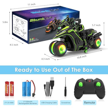 Remote Control Motorcycle, 2026 New Edition with RGB Color-Changing Wheels and Exclusive Sideways Glide, Ready-to-Play with 2 Batteries, 2.4GHz RC Stunt Bike Gift for Kids Boys Girls 5-12 - color: Green