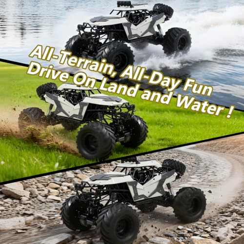 1:8 Large Amphibious RC Car for Kids 3+, Large 4WD Monster Truck | Water & Land Driving, LED Lights, 2.4GHz Control up to 260 FT, Rechargeable Waterproof All-Terrain Outdoor Gift