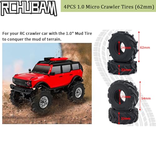 RCHUBAM 4PCS 1.0" Micro Crawler Tires Rubber Mud Tires for 1/18 TRX4M 1/24 Axial SCX24 90081 AXI00001 AXI00002 AXI00005 AXI00006 RC Crawler Car (62mm) - color: 62mm