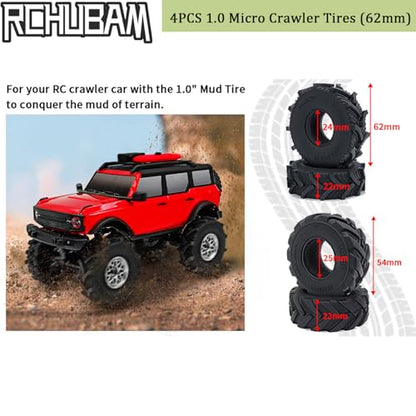 RCHUBAM 4PCS 1.0" Micro Crawler Tires Rubber Mud Tires for 1/18 TRX4M 1/24 Axial SCX24 90081 AXI00001 AXI00002 AXI00005 AXI00006 RC Crawler Car (62mm) - color: 62mm