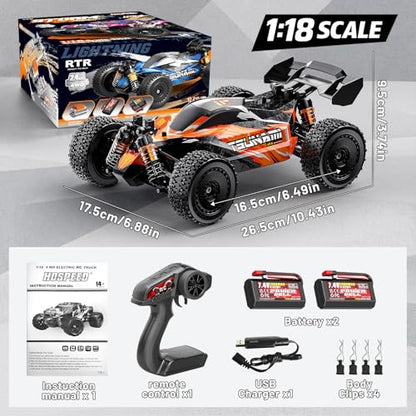 RC Cars 1:18 High-Speed RC Off-Road Truck for Adults & Boys,36KM/H RC Car with Metal Drivetrain, Dual Rechargeable Batteries, Splash-Proof Electronics, Portable Remote Control Car for Outdoor Fun Gift