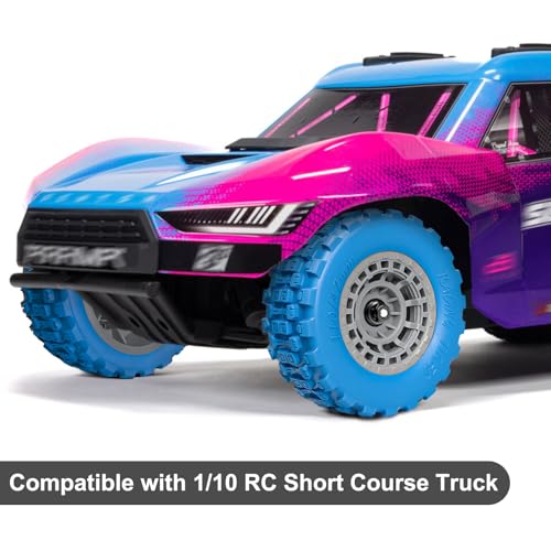 Pre-Glued 12mm Hex RC Wheels and Tires for 1/10 RC Short Course Truck, 4PCS | Compatible with 1/10 Arrma Senton Traxxas Slash Axial Losi Axial Redcat - color: Blue Tires+ Gray Wheels