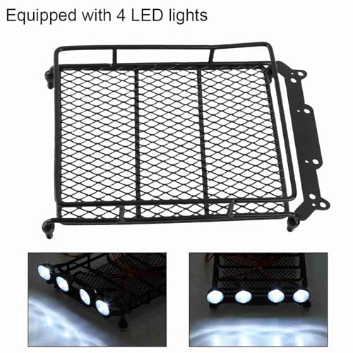 RC Car Roof Rack, Middle Size Roof Rack Luggage Carrier with 4 Round LED Lights for Axial SCX10 1/10 RC Crawler Car(4 White Light Color)